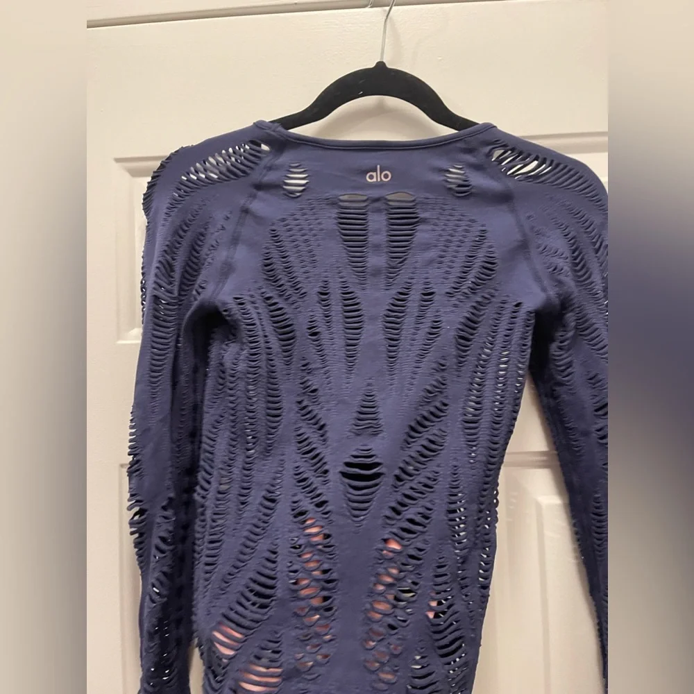 ALO Yoga Navy Blue Long Sleeve Laser-Cut Top
